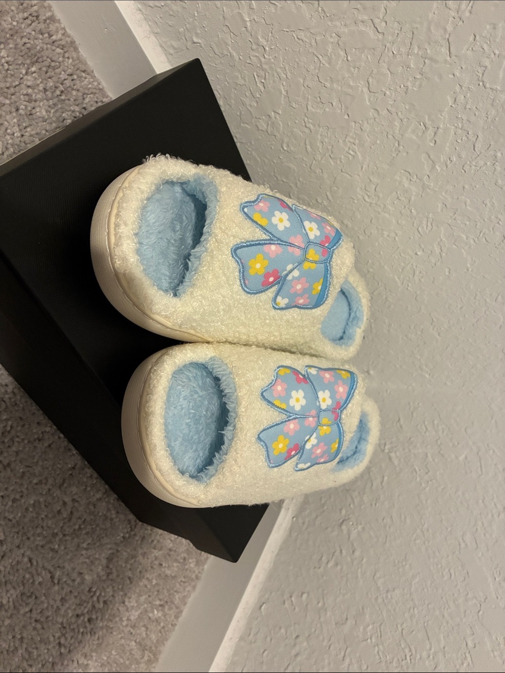 Kids Cream Fuzzy Slip-On Shoes with Blue Floral Bow